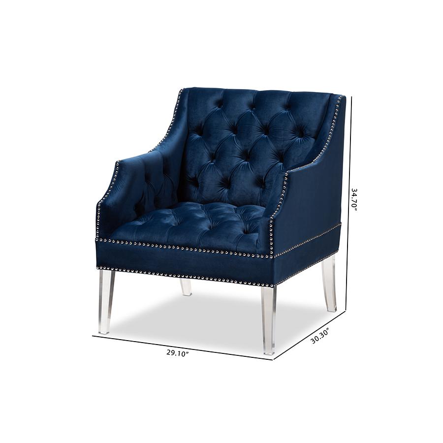 Navy Velvet Fabric Upholstered Lounge Chair with Acrylic Legs. Picture 9