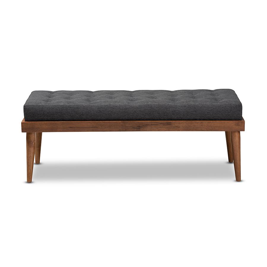 Baxton Studio Linus Mid-Century Modern Dark Grey Fabric Upholstered and Button Tufted Wood Bench. Picture 2