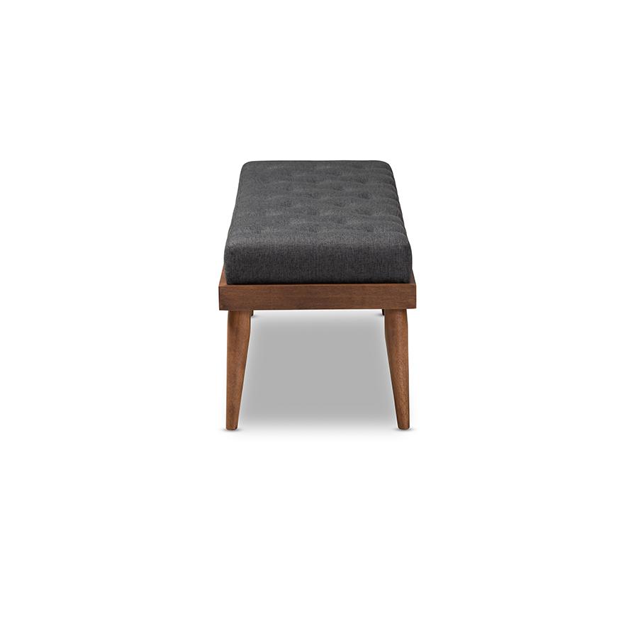 Baxton Studio Linus Mid-Century Modern Dark Grey Fabric Upholstered and Button Tufted Wood Bench. Picture 3