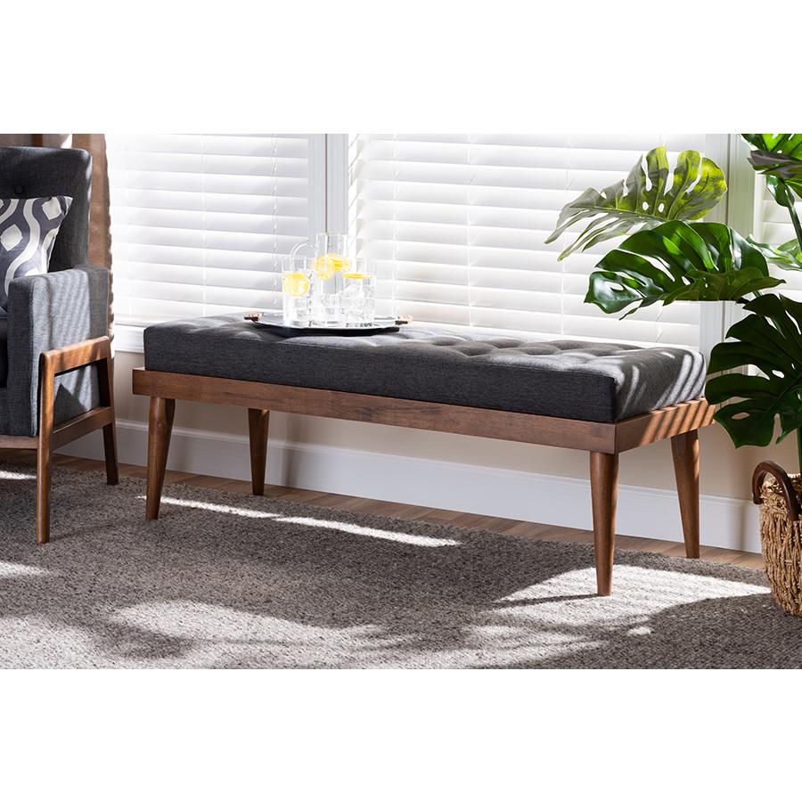 Baxton Studio Linus Mid-Century Modern Dark Grey Fabric Upholstered and Button Tufted Wood Bench. Picture 6