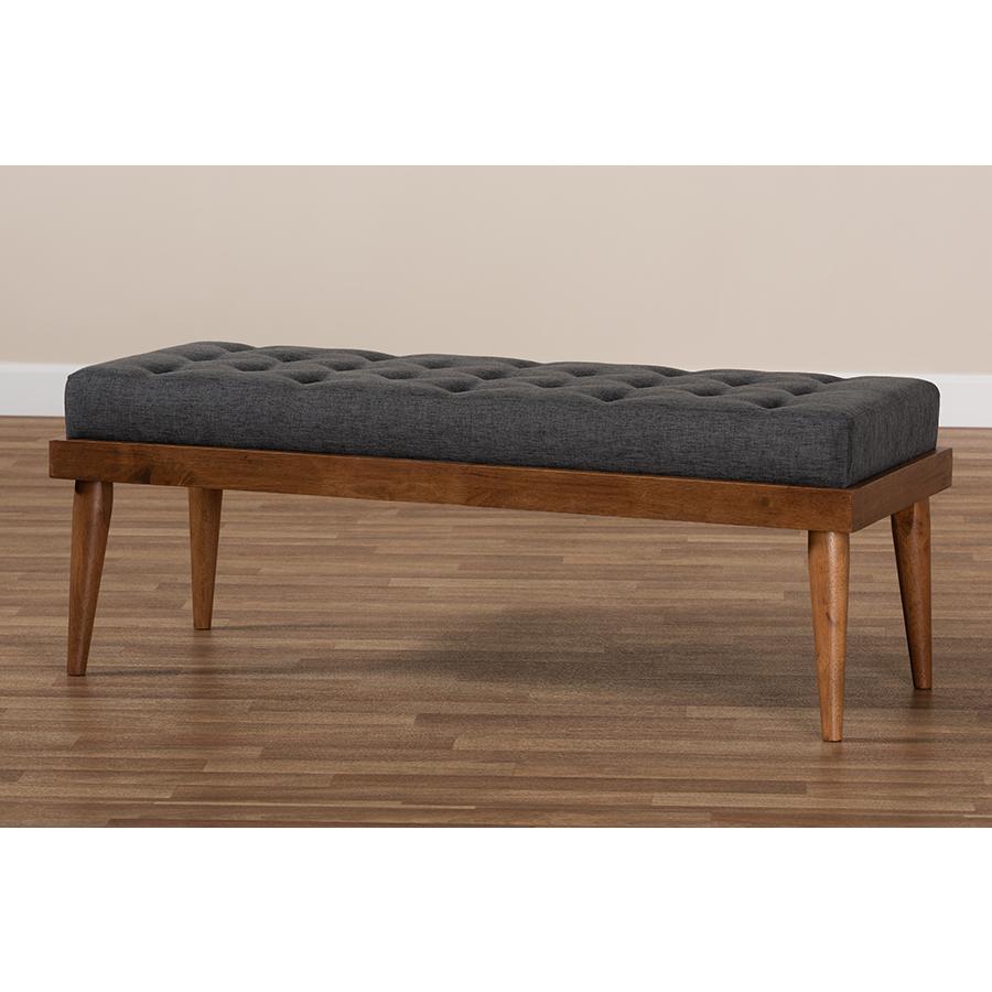 Baxton Studio Linus Mid-Century Modern Dark Grey Fabric Upholstered and Button Tufted Wood Bench. Picture 7