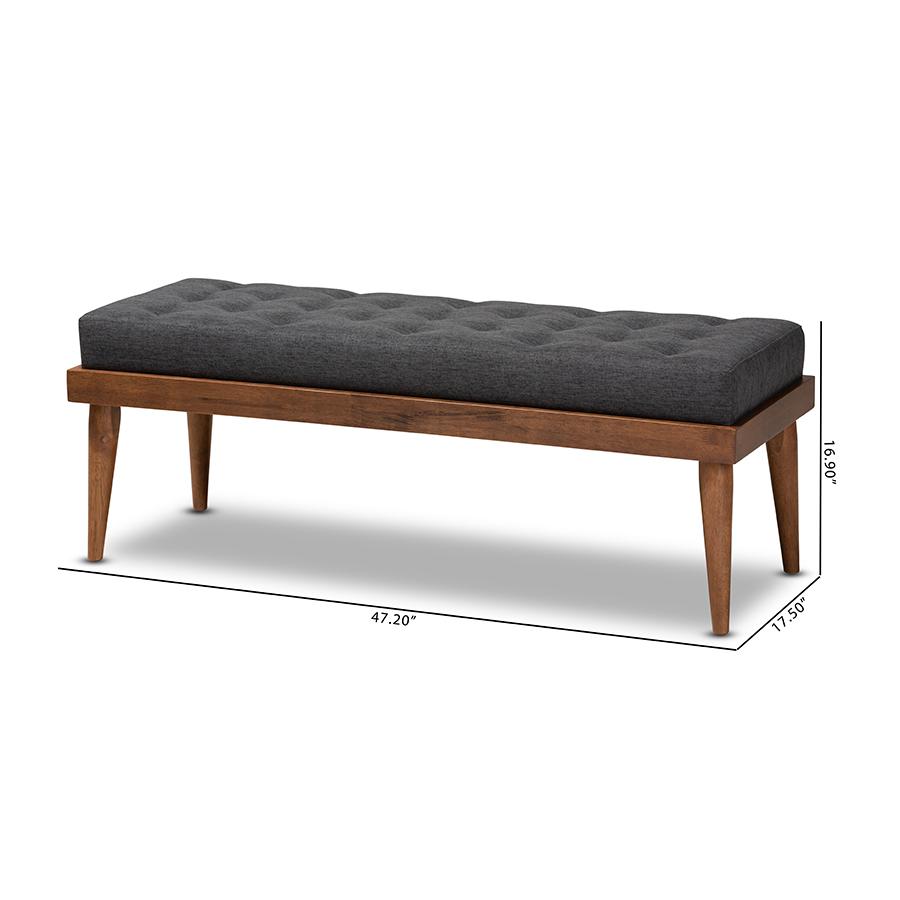 Baxton Studio Linus Mid-Century Modern Dark Grey Fabric Upholstered and Button Tufted Wood Bench. Picture 8