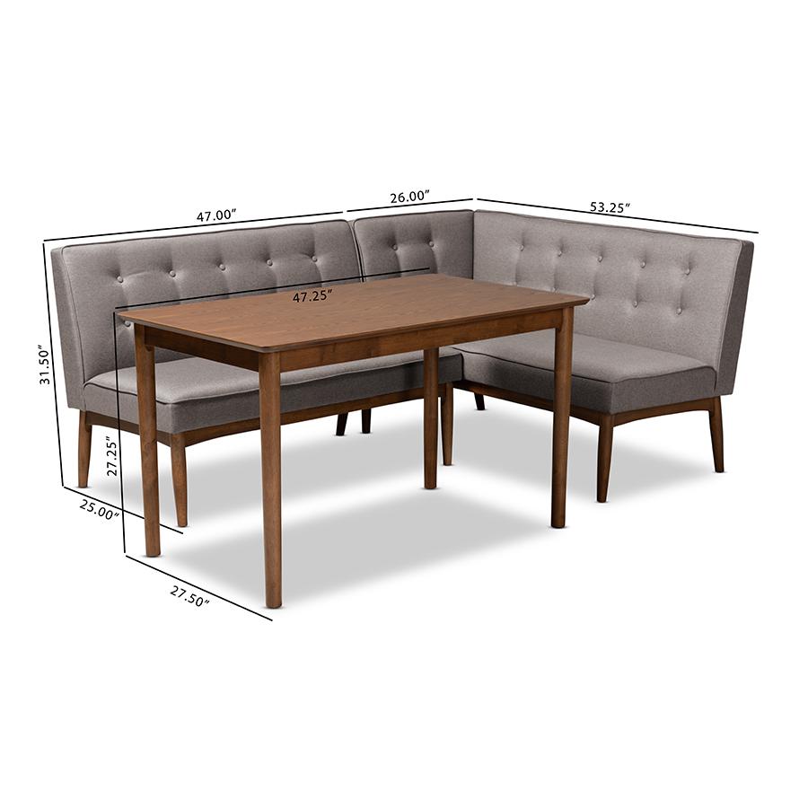 Baxton Studio Arvid Mid-Century Modern Gray Fabric Upholstered 3-Piece Wood Dining Nook Set. Picture 6