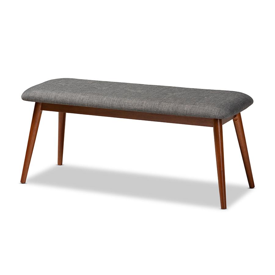 Dark Grey Fabric Upholstered Medium Oak Finished Wood Dining Bench. Picture 1