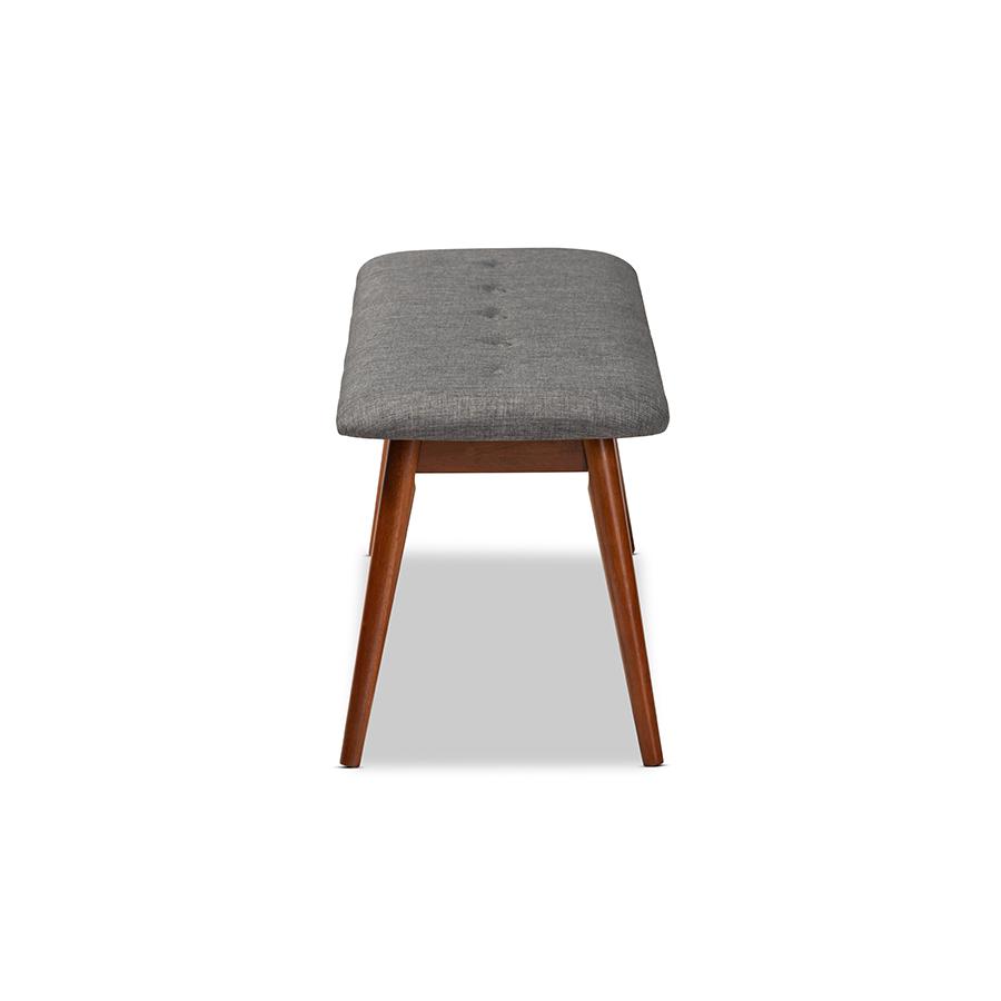 Dark Grey Fabric Upholstered Medium Oak Finished Wood Dining Bench. Picture 3