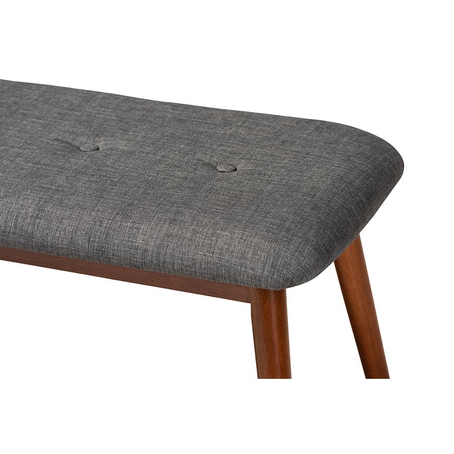 Dark Grey Fabric Upholstered Medium Oak Finished Wood Dining Bench. Picture 4