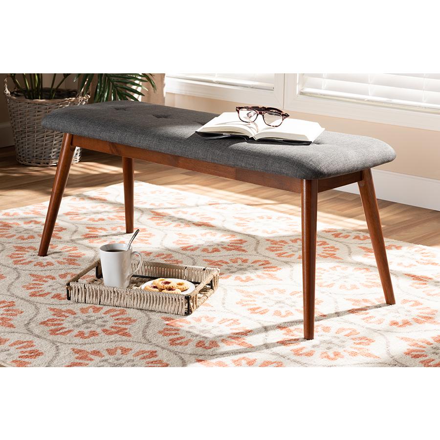 Dark Grey Fabric Upholstered Medium Oak Finished Wood Dining Bench. Picture 6