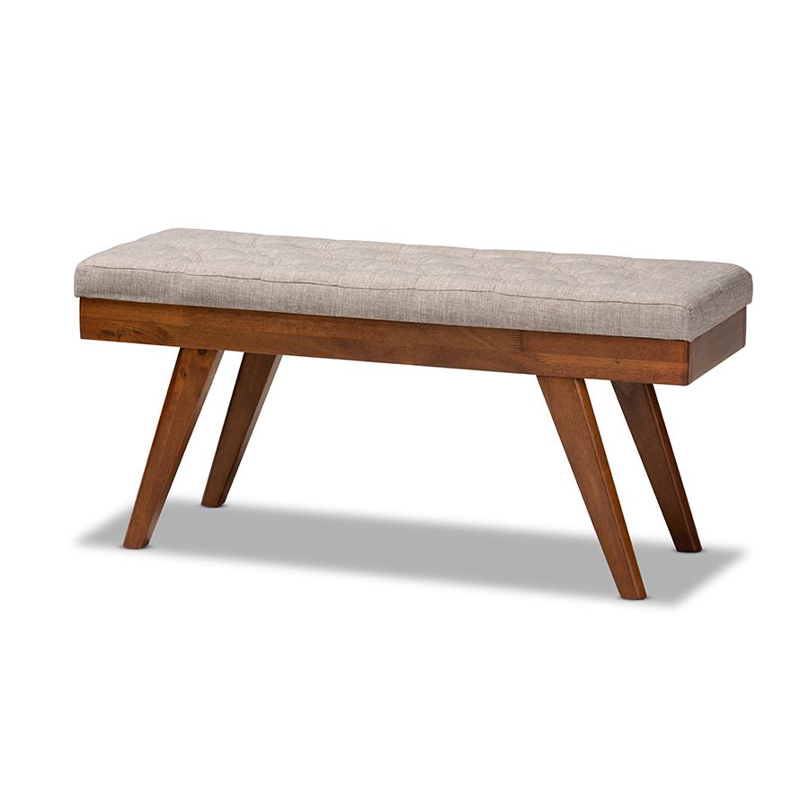 Alona Mid-Century Modern Light Grey Fabric Upholstered Wood Dining Bench. Picture 1