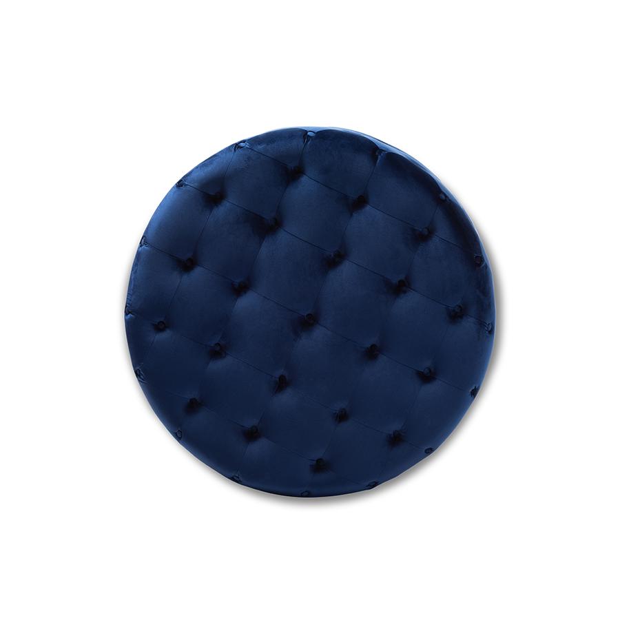Transitional Royal Blue Velvet Fabric Upholstered Button Tufted Cocktail Ottoman. Picture 2