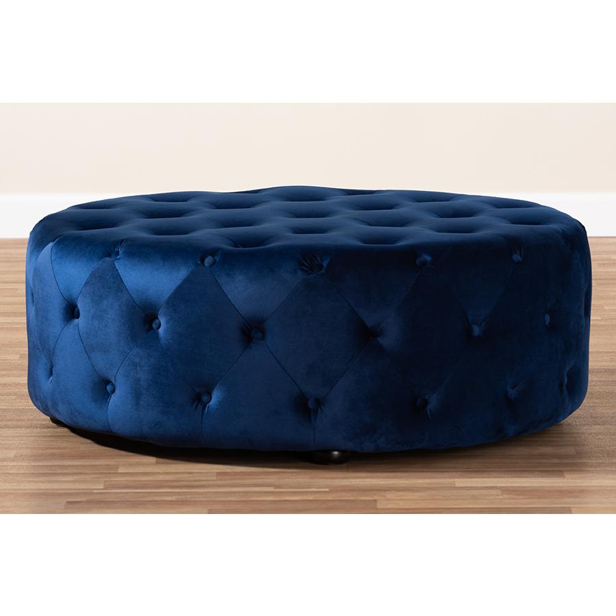 Transitional Royal Blue Velvet Fabric Upholstered Button Tufted Cocktail Ottoman. Picture 4