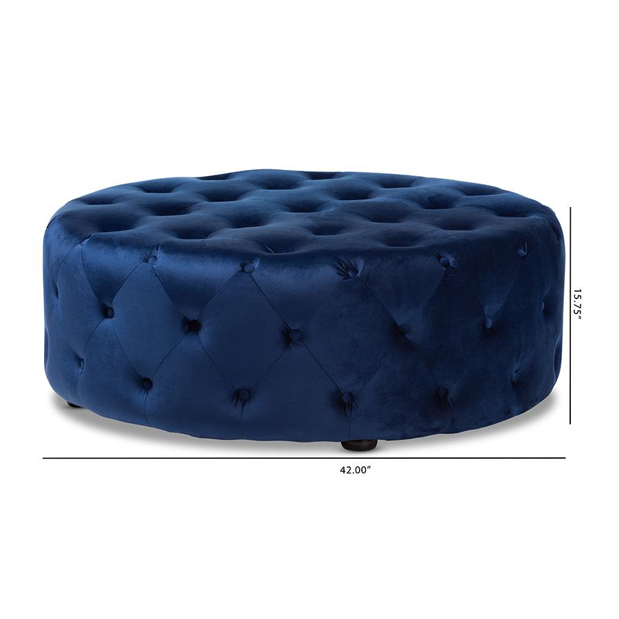 Transitional Royal Blue Velvet Fabric Upholstered Button Tufted Cocktail Ottoman. Picture 5
