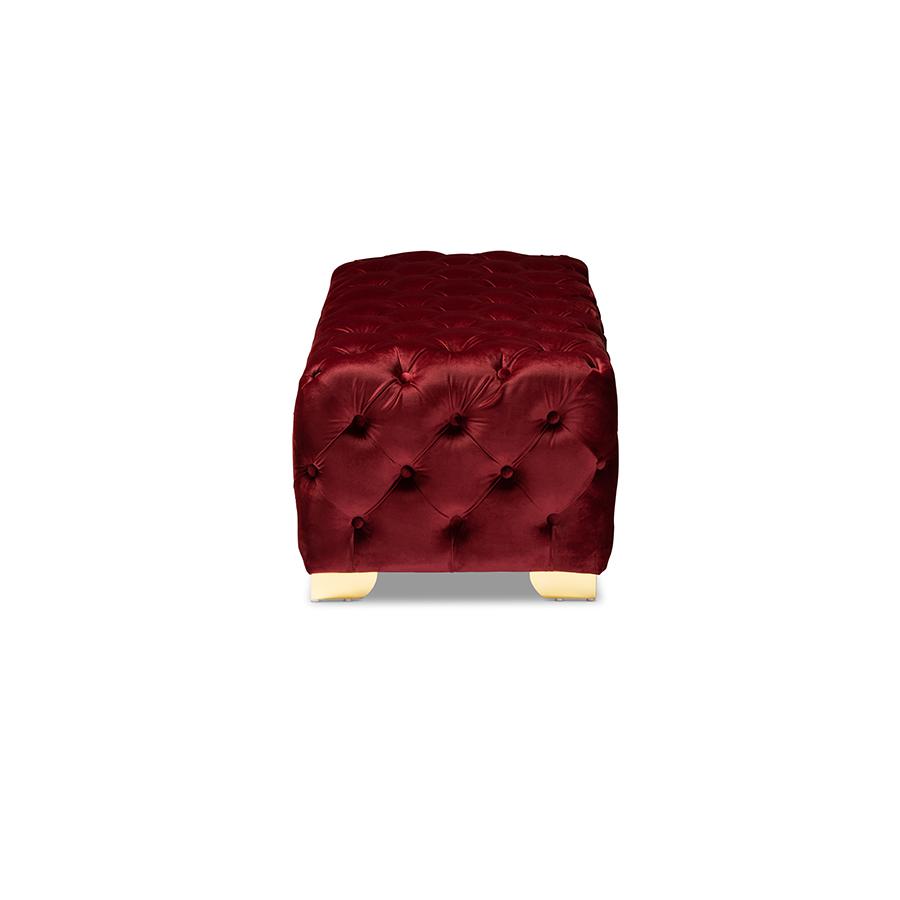 Baxton Studio Avara Glam and Luxe Burgundy Velvet Fabric Upholstered Gold Finished Button Tufted Bench Ottoman. Picture 4