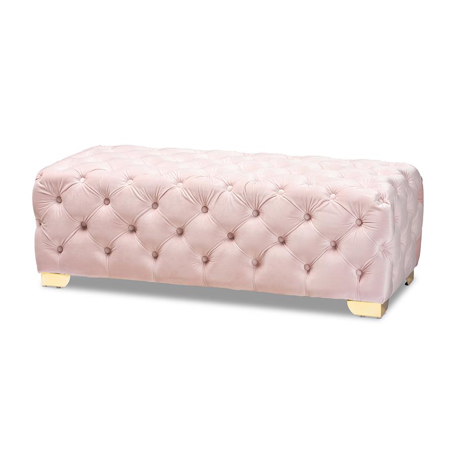 Gold Finished Button Tufted Bench Ottoman. Picture 1