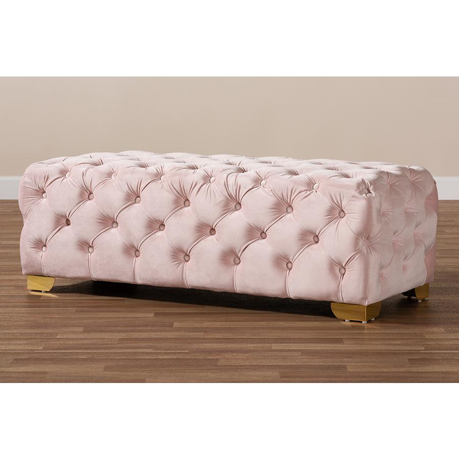 Gold Finished Button Tufted Bench Ottoman. Picture 7