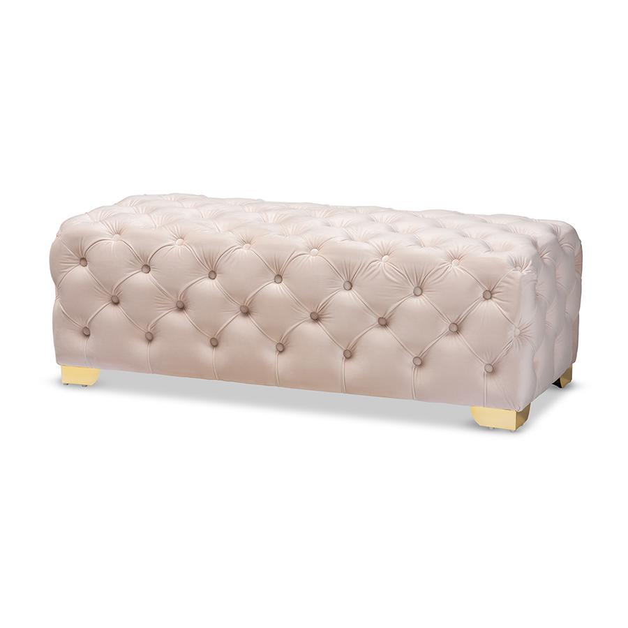 Baxton Studio Avara Glam and Luxe Light Beige Velvet Fabric Upholstered Gold Finished Button Tufted Bench Ottoman. Picture 2