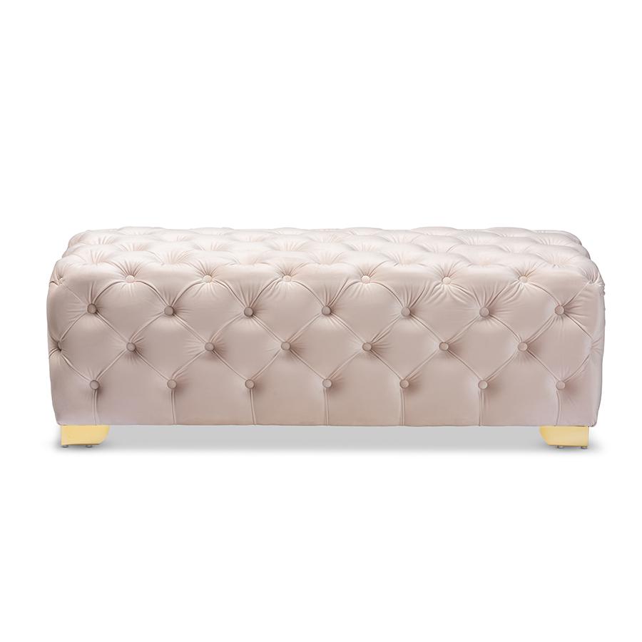 Baxton Studio Avara Glam and Luxe Light Beige Velvet Fabric Upholstered Gold Finished Button Tufted Bench Ottoman. Picture 3