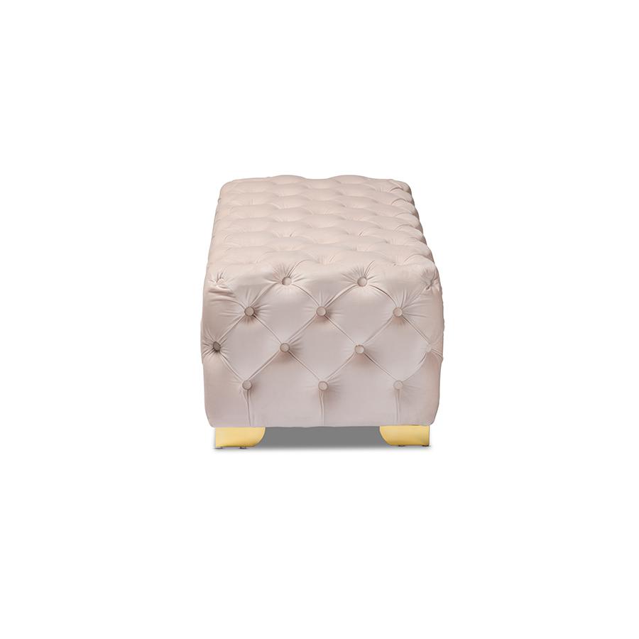 Baxton Studio Avara Glam and Luxe Light Beige Velvet Fabric Upholstered Gold Finished Button Tufted Bench Ottoman. Picture 4
