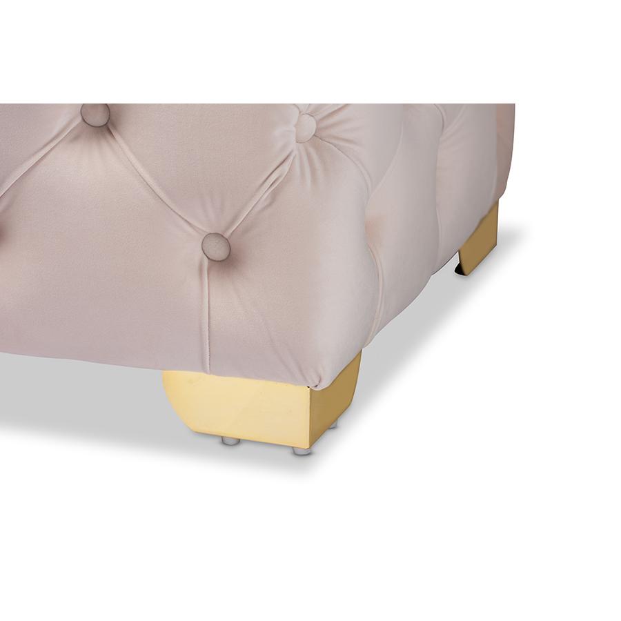 Baxton Studio Avara Glam and Luxe Light Beige Velvet Fabric Upholstered Gold Finished Button Tufted Bench Ottoman. Picture 6