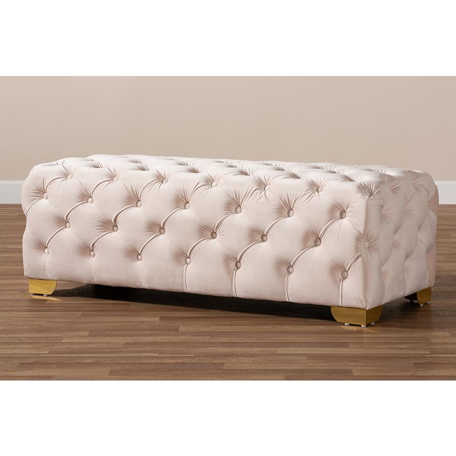 Baxton Studio Avara Glam and Luxe Light Beige Velvet Fabric Upholstered Gold Finished Button Tufted Bench Ottoman. Picture 8