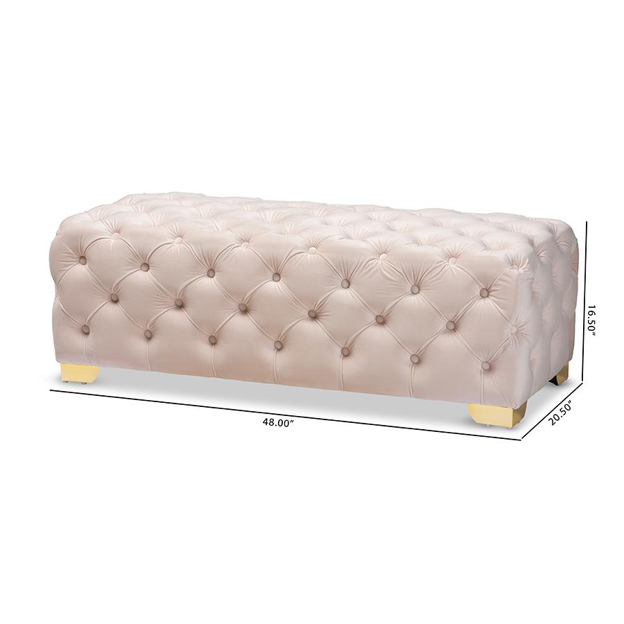 Baxton Studio Avara Glam and Luxe Light Beige Velvet Fabric Upholstered Gold Finished Button Tufted Bench Ottoman. Picture 9