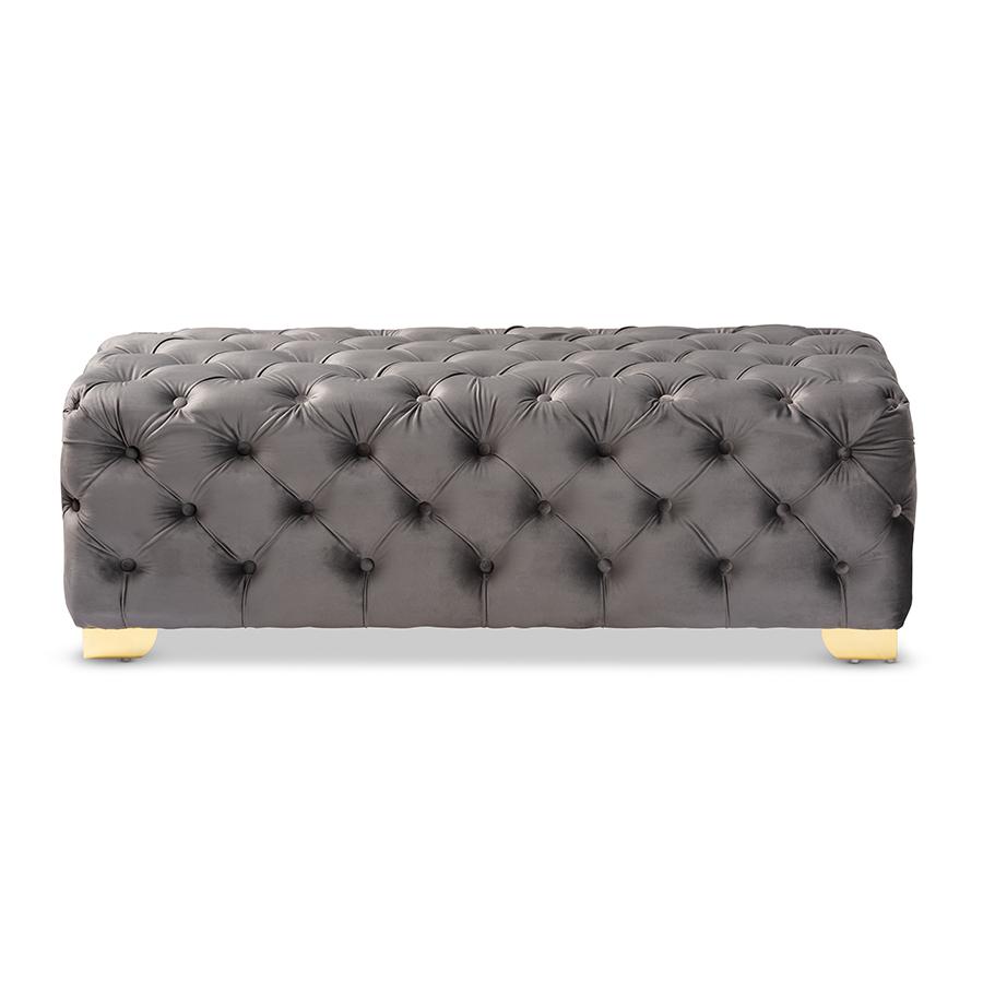 Luxe Gray Velvet Fabric Upholstered Gold Finished Button Tufted Bench Ottoman. Picture 2