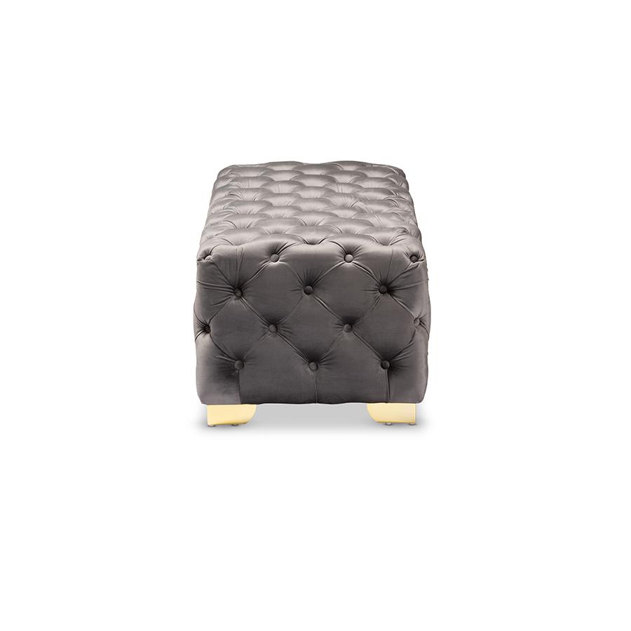 Luxe Gray Velvet Fabric Upholstered Gold Finished Button Tufted Bench Ottoman. Picture 3