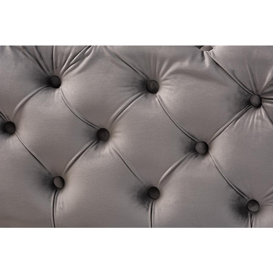 Luxe Gray Velvet Fabric Upholstered Gold Finished Button Tufted Bench Ottoman. Picture 4