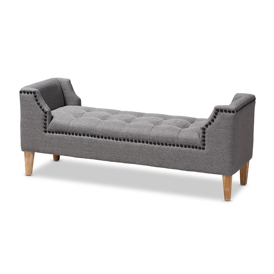 Baxton Studio Perret Modern and Contemporary Gray Linen Fabric Upholstered Oak Brown Finished Wood Bench. Picture 2