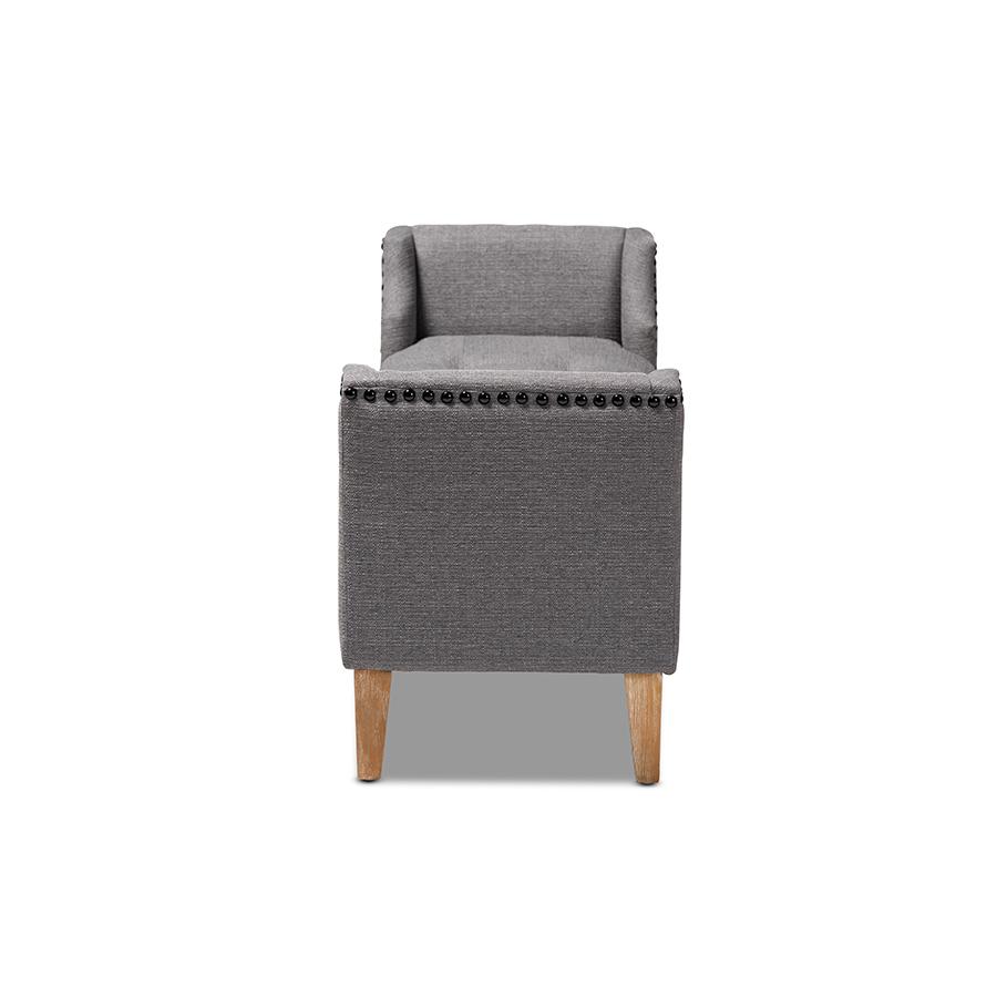 Baxton Studio Perret Modern and Contemporary Gray Linen Fabric Upholstered Oak Brown Finished Wood Bench. Picture 4