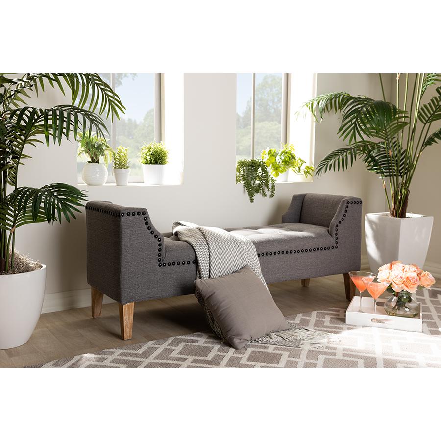 Baxton Studio Perret Modern and Contemporary Gray Linen Fabric Upholstered Oak Brown Finished Wood Bench. Picture 1
