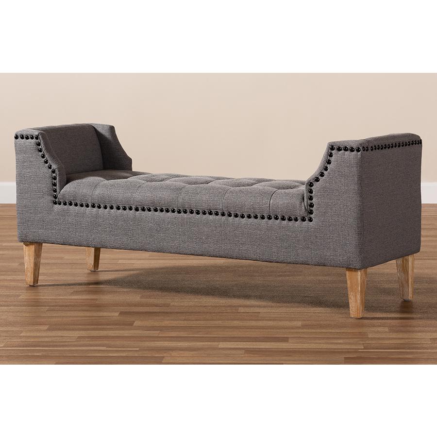 Baxton Studio Perret Modern and Contemporary Gray Linen Fabric Upholstered Oak Brown Finished Wood Bench. Picture 9