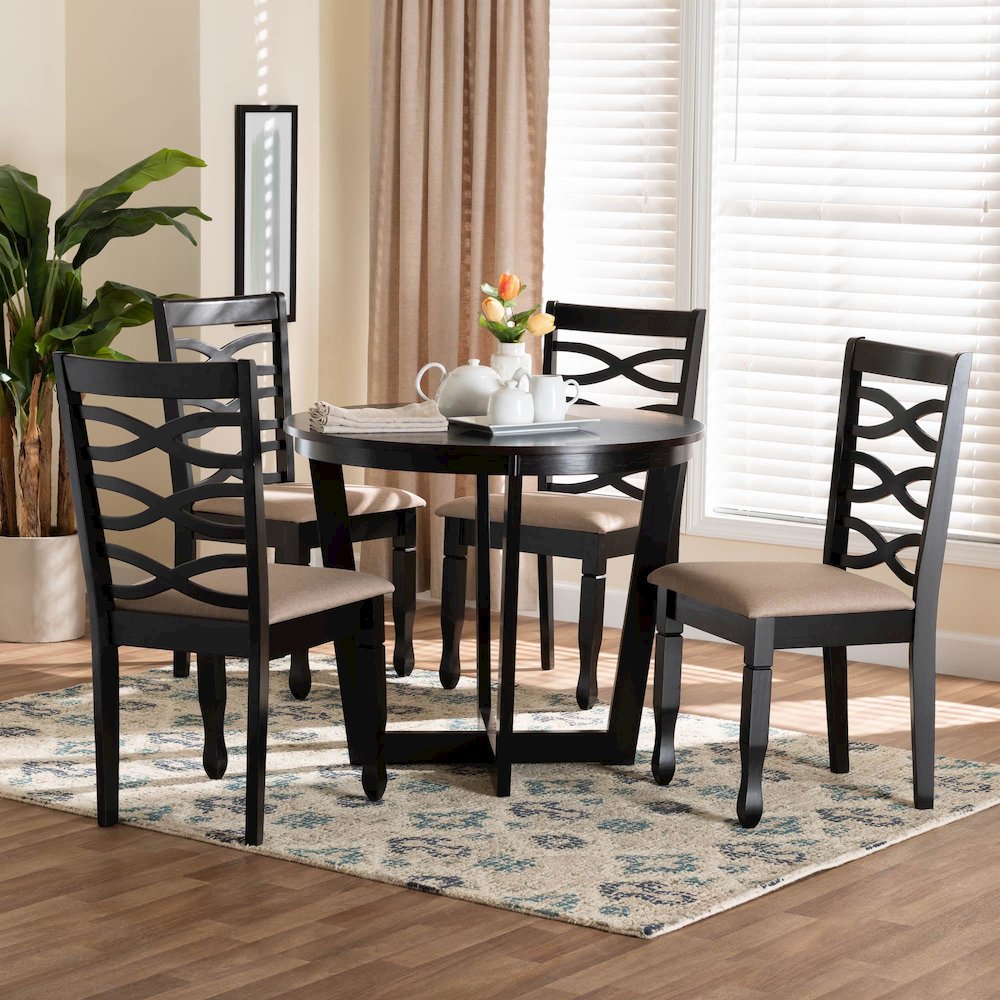 Leda Modern Sand Fabric and Dark Brown Finished Wood 5-Piece Dining Set. Picture 8