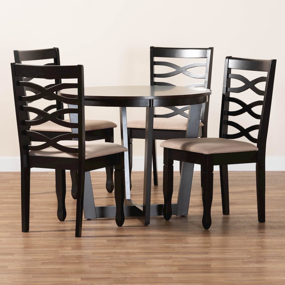 Leda Modern Sand Fabric and Dark Brown Finished Wood 5-Piece Dining Set. Picture 9