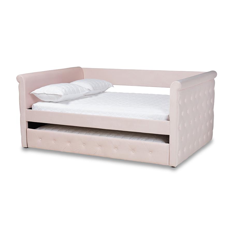 Light Pink Velvet Fabric Upholstered Full Size Daybed with Trundle. Picture 1