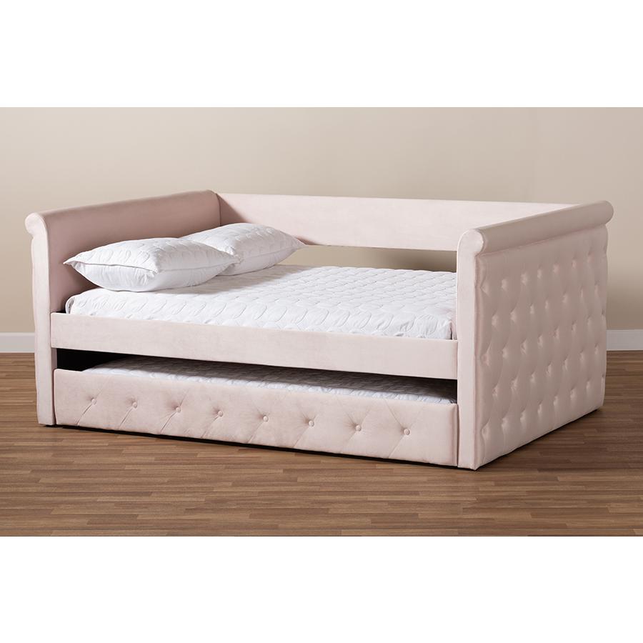 Light Pink Velvet Fabric Upholstered Full Size Daybed with Trundle. Picture 10