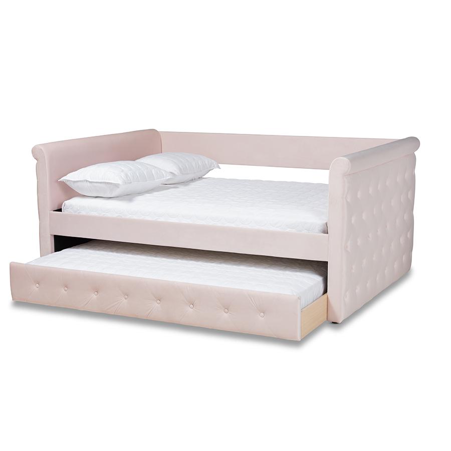 Light Pink Velvet Fabric Upholstered Full Size Daybed with Trundle. Picture 2
