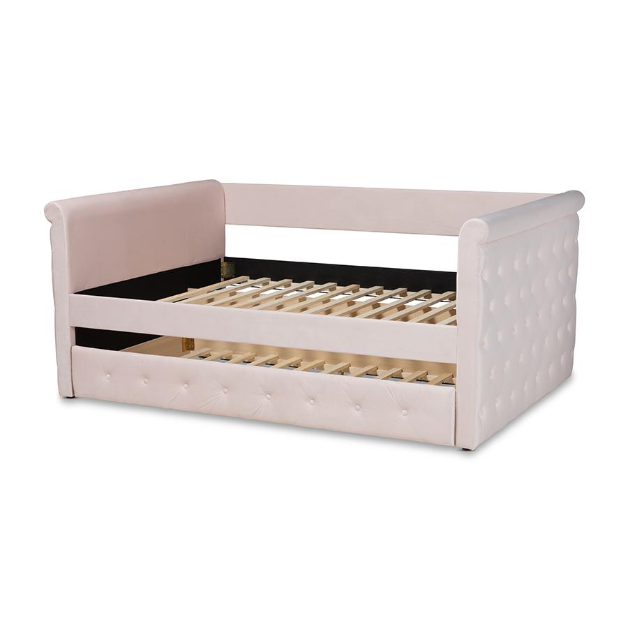 Light Pink Velvet Fabric Upholstered Full Size Daybed with Trundle. Picture 4