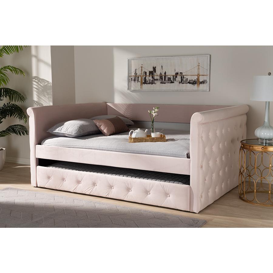 Light Pink Velvet Fabric Upholstered Full Size Daybed with Trundle. Picture 8