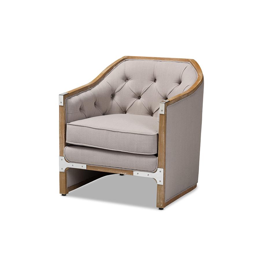 Whitewashed Oak Wood Armchair with Metal Accents. Picture 1