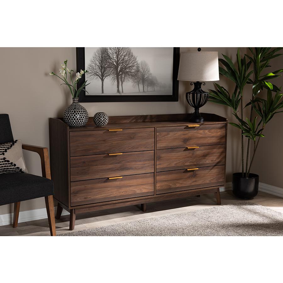 Baxton Studio Lena Mid-Century Modern Walnut Brown Finished 6-Drawer Wood Dresser. Picture 8