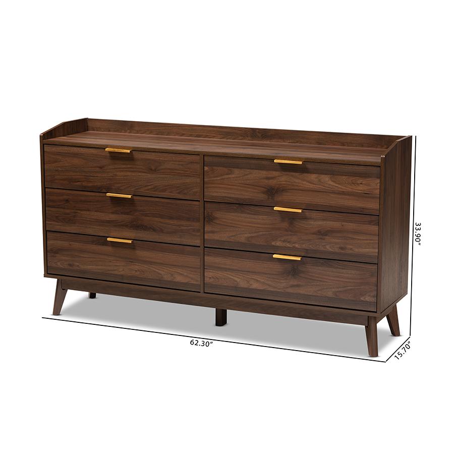 Baxton Studio Lena Mid-Century Modern Walnut Brown Finished 6-Drawer Wood Dresser. Picture 10