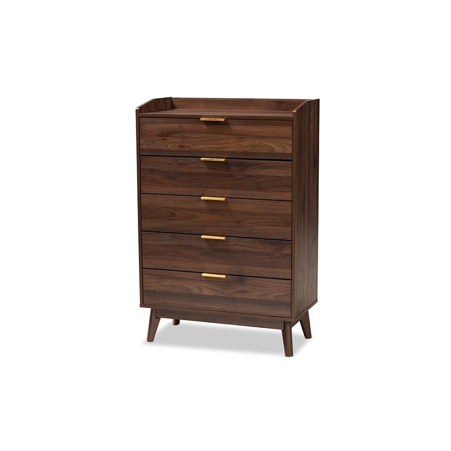 Lena Mid-Century Modern Walnut Brown Finished 5-Drawer Wood Chest. Picture 1