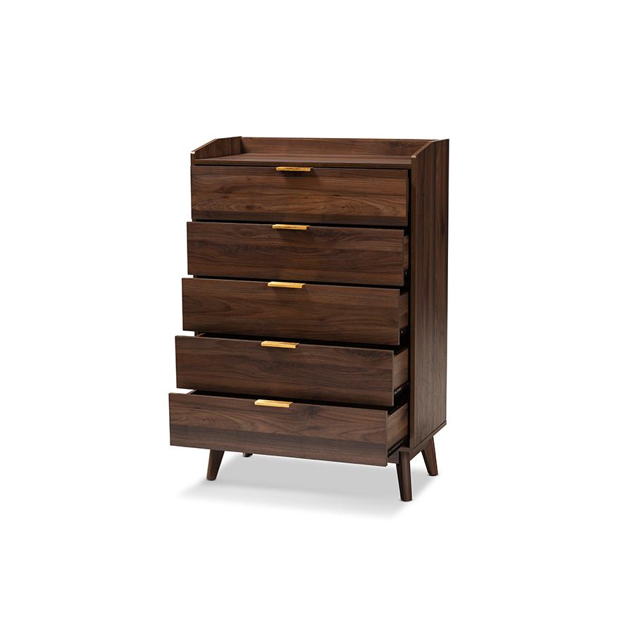 Lena Mid-Century Modern Walnut Brown Finished 5-Drawer Wood Chest. Picture 2