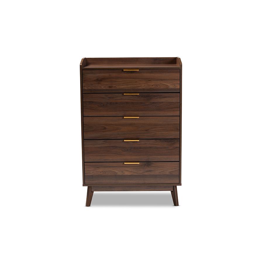 Lena Mid-Century Modern Walnut Brown Finished 5-Drawer Wood Chest. Picture 3