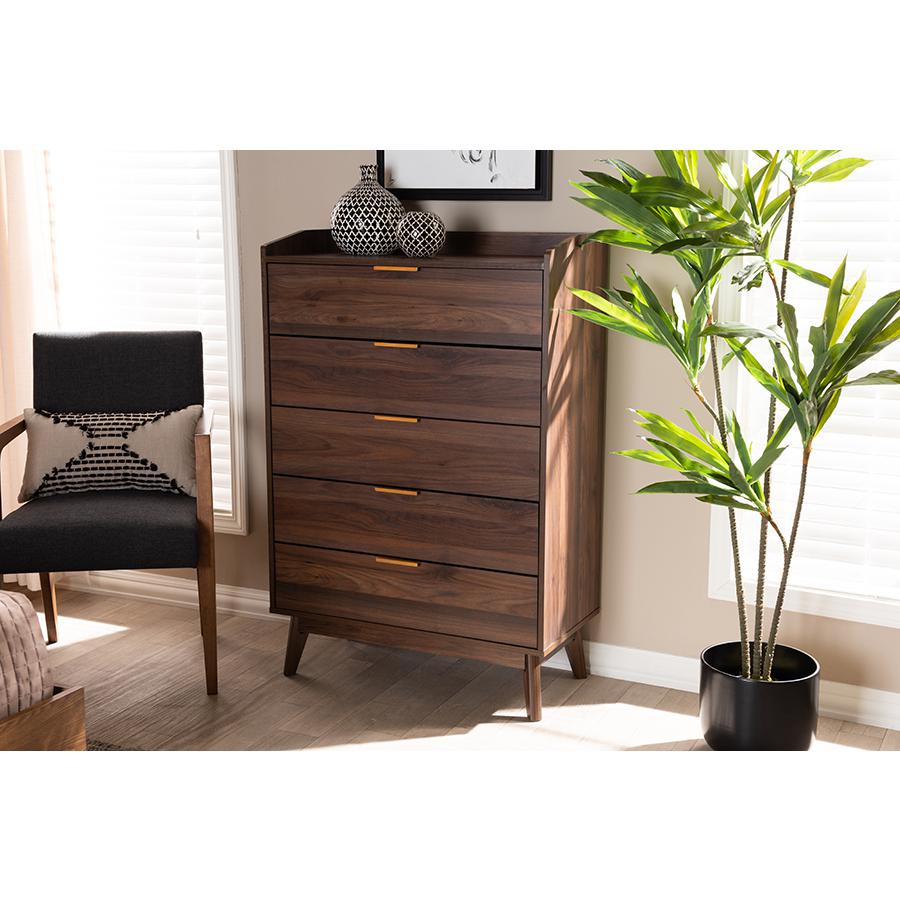 Lena Mid-Century Modern Walnut Brown Finished 5-Drawer Wood Chest. Picture 7