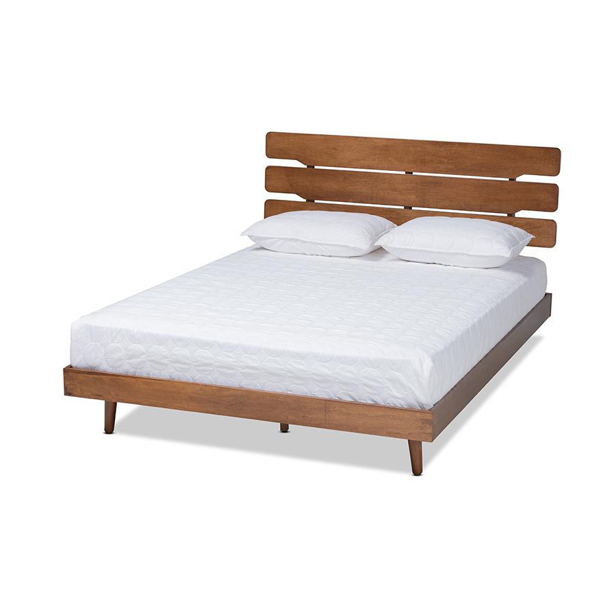 Anzia Mid-Century Modern Walnut Finished Wood Queen Size Platform bed. Picture 1