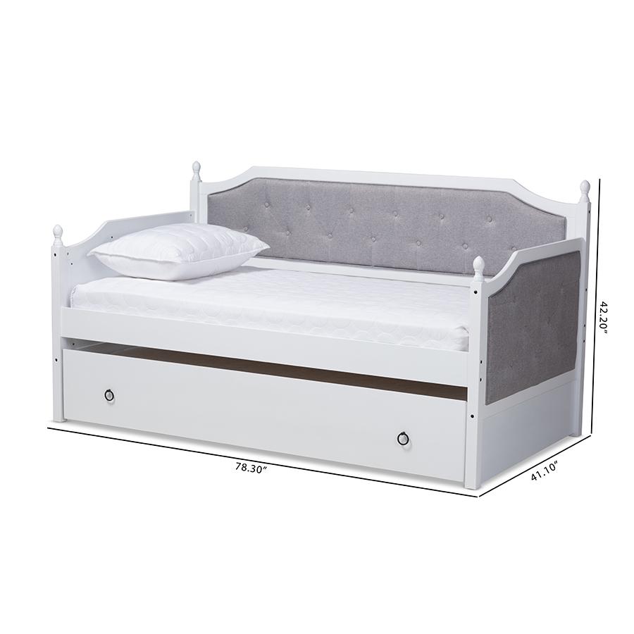 Baxton Studio Mara Classic and Traditional Grey Fabric Upholstered White Finished Wood Twin Size Daybed with Trundle. Picture 11