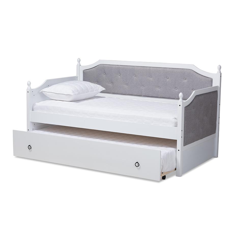 Baxton Studio Mara Classic and Traditional Grey Fabric Upholstered White Finished Wood Twin Size Daybed with Trundle. Picture 3