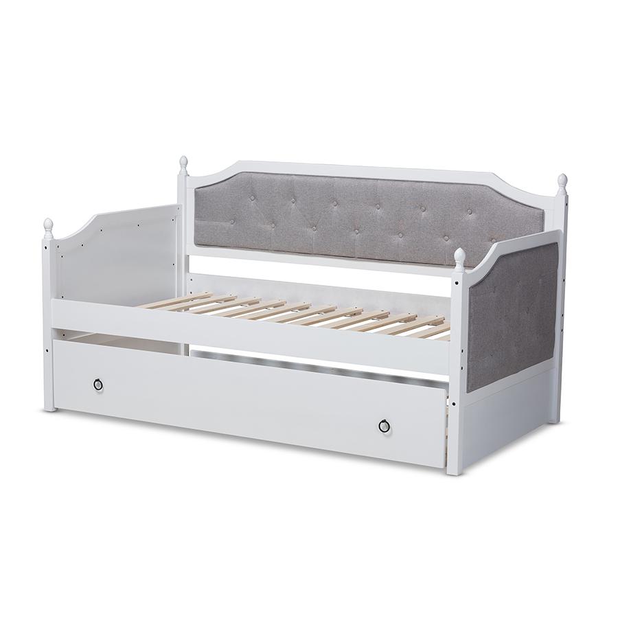 Baxton Studio Mara Classic and Traditional Grey Fabric Upholstered White Finished Wood Twin Size Daybed with Trundle. Picture 5