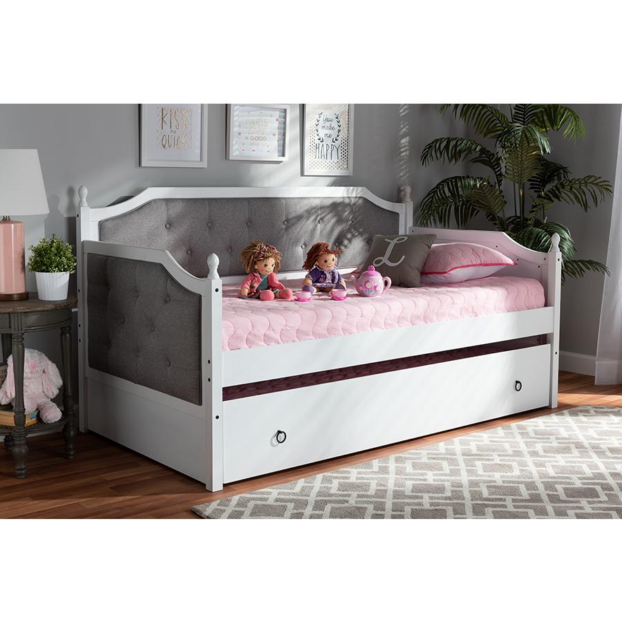 Baxton Studio Mara Classic and Traditional Grey Fabric Upholstered White Finished Wood Twin Size Daybed with Trundle. Picture 8